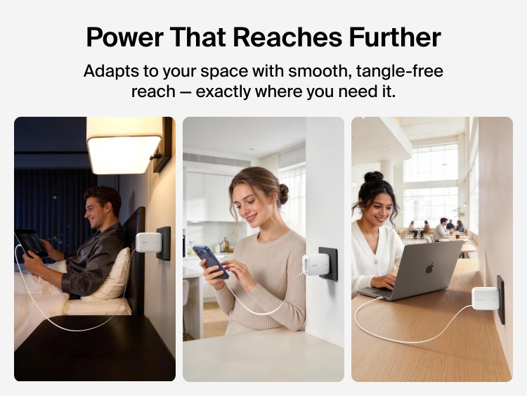 Belkin UltraCharge Retractable GaN Wall Charger 67W with built-in retractable USB-C cable powering devices from wall outlet across bedroom, kitchen, and workspace settings.