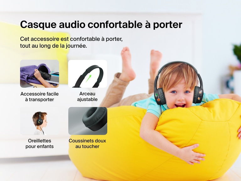 Smiling child wearing Belkin Wired On-Ear Headphones for Kids while lounging on a yellow beanbag, with callouts for soft ear cushions, adjustable headband, kid-sized earcups, and easy portability.