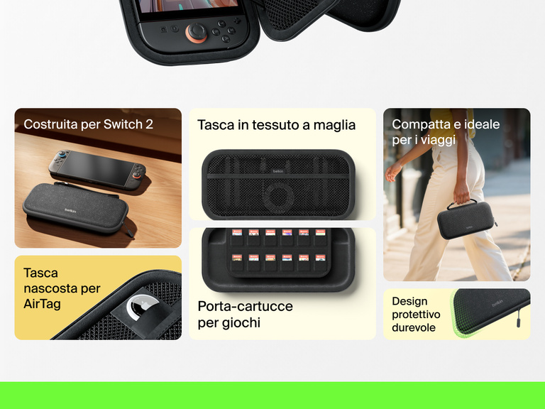 Infografica che evidenzia le funzionalità della custodia da viaggio Belkin Gaming per Nintendo Switch 2, inclusi la tasca porta-accessori in tessuto a maglia, il porta-cartucce, la tasca nascosta per AirTag e il design durevole e compatto.