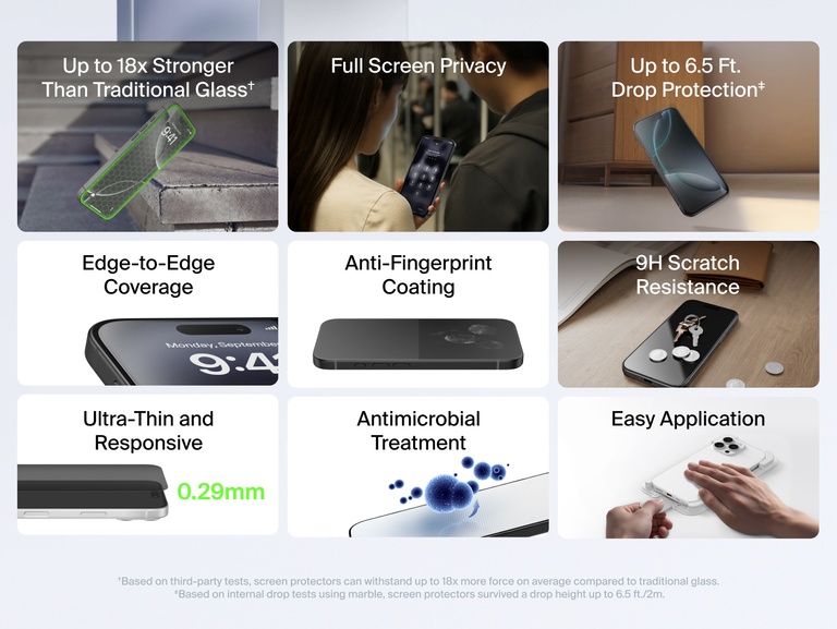 Belkin ScreenForce InvisiGlass Screen Protector for iPhone with up to 18x stronger glass, 9H scratch resistance, 6.5 ft drop protection, ultra-thin 0.29mm design, anti-fingerprint coating, antimicrobial treatment, and easy edge-to-edge application.
