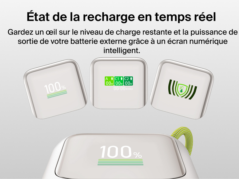 Gros plan sur l'&eacute;cran num&eacute;rique intelligent de la batterie externe 11K UltraCharge avec c&acirc;ble r&eacute;tractable, affichant le pourcentage de batterie, la puissance de sortie en watts et l'&eacute;tat de la temp&eacute;rature.
