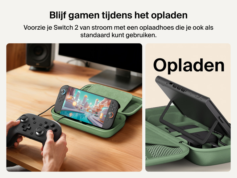 The Belkin Gaming Charging Case powers the Nintendo Switch 2 while in use, featuring a built-in kickstand for hands-free gameplay and uninterrupted charging with a connected controller.