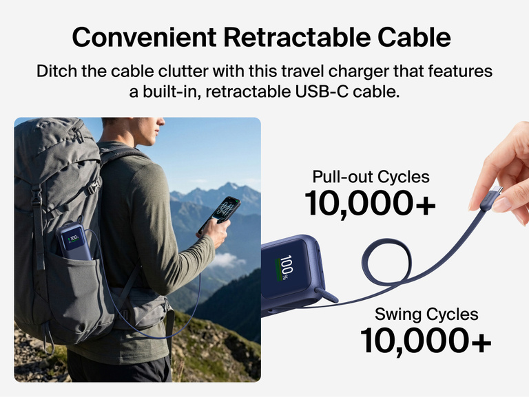 UltraCharge Power Bank 11K with Retractable Cable tucked in a backpack pocket while charging a phone during a hike, shown next to its retractable cable rated for over 10,000 pull-out cycles