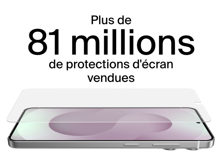 Image montrant un smartphone Samsung Galaxy S25 Edge avec une protection d'écran en cours d'application, mettant en avant le fait que plus de 81 millions de protections d'écran ont été vendues.
