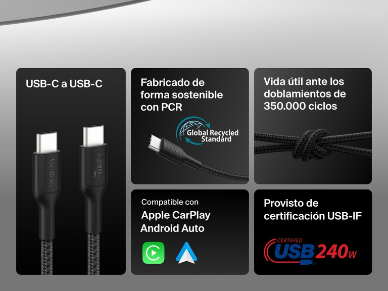 Feature callout graphic highlighting the Belkin BoostCharge Pro USB-C to USB-C Braided Cable 240W with USB-IF certification, 350,000+ bend lifespan, PCR materials, and compatibility with Apple CarPlay and Android Auto.