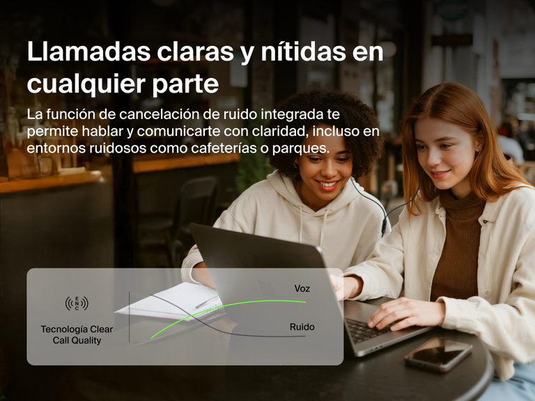 Belkin SoundForm ANC Wired Earbuds with USB-C® feature built-in noise reduction for clear call quality in busy environments like cafes or parks.