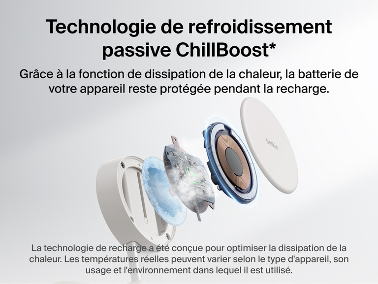 Image du socle de recharge 2-en-1 Belkin UltraCharge&nbsp;Pro aimant&eacute; et pliable avec Qi2 25&nbsp;W avec technologie de refroidissement passive ChillBoost pour une meilleure dissipation de la chaleur et une protection de la batterie lors de la recharge.