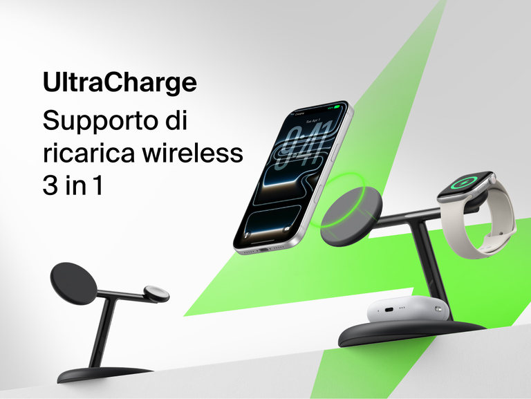 Belkin UltraCharge 3-in-1 Wireless Charging Stand with Qi2 25W front view showing dedicated magnetic phone pad, watch charger, and earbuds base