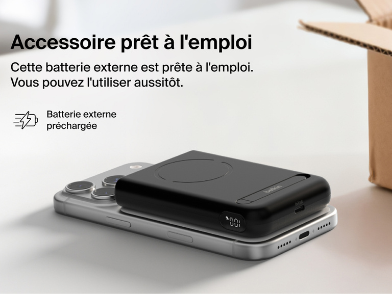 Belkin UltraCharge Pro Power Bank 10K with magnetic ring shown with SmartProtect safety features, illustrating internal components and protection against overcharging, overheating, overvoltage, and short circuits.