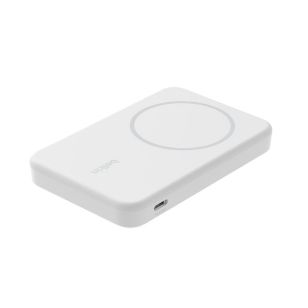 White Belkin magnetic wireless power bank with USB-C port, featuring a slim rectangular design and circular alignment guide on the surface.