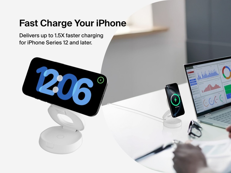 Belkin BoostCharge 2-in-1 Convertible Magnetic Charging Stand with Qi2 15W fast charges an iPhone in both portrait and landscape modes, ideal for desks and workspaces.