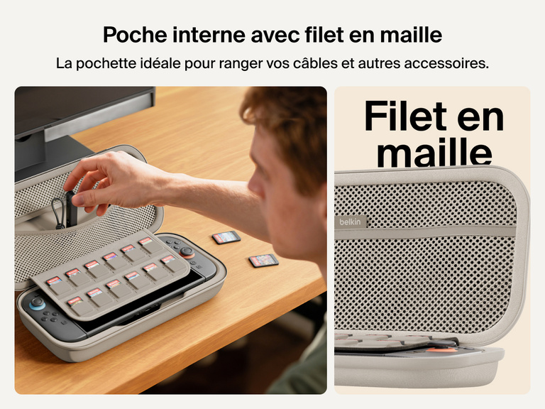 A gamer accesses the mesh utility pocket of the Belkin Gaming Charging Case for Nintendo Switch 2, ideal for storing cables and accessories alongside a 12-slot game card sleeve.