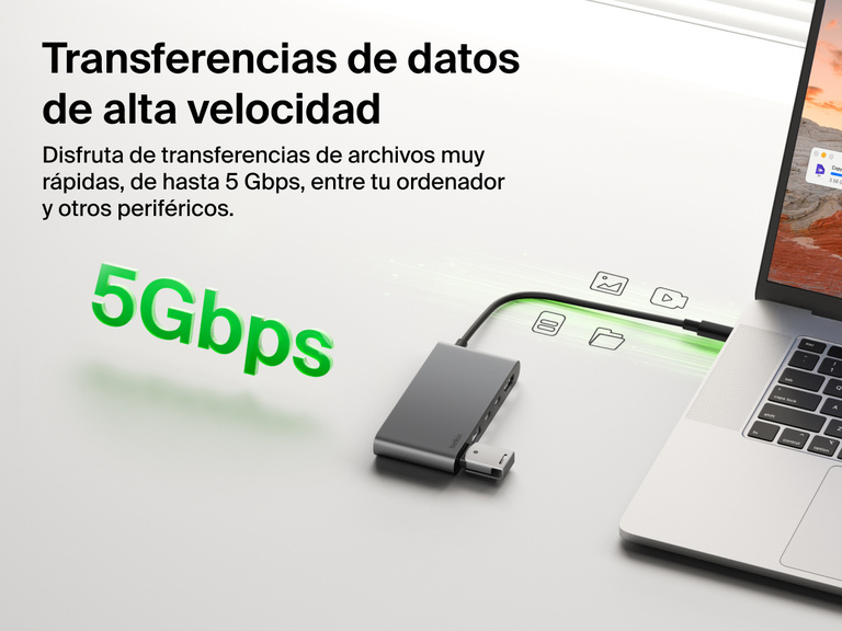 Belkin Connect 5-Port USB-C Hub with Dual USB-C Ports enables high-speed data transfer up to 5Gbps between laptop and connected devices.