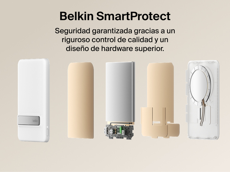 Belkin BoostCharge Slim Magnetic Power Bank 5K with Qi2 shown with Belkin SmartProtect internal components designed for safe, reliable charging performance.