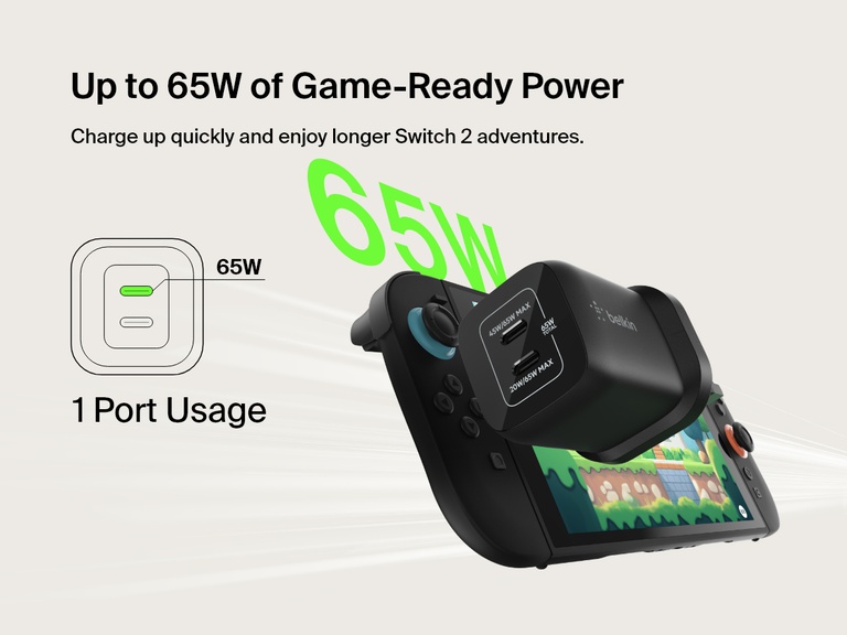 Belkin Gaming Dual USB-C Wall Charger 65W delivers fast, game-ready power to the Nintendo Switch 2 with up to 65W output from a single USB-C port.