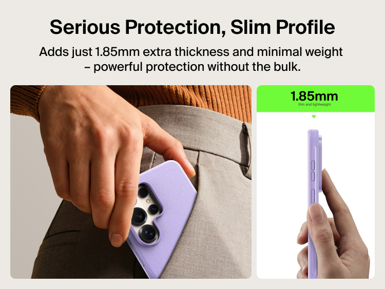 Belkin SheerForce Protect Series Case for Samsung Galaxy S26 shown in hand with an ultra-slim 1.85 mm profile, delivering lightweight everyday protection without added bulk.