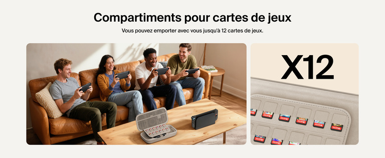 Four friends play on Nintendo Switch 2 consoles while the Belkin Gaming Charging Case sits open on the table, highlighting its built-in sleeve that securely stores up to 12 game cards.