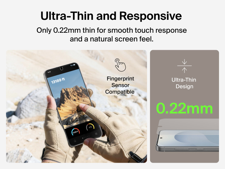 Belkin ScreenForce Titan EcoGuard Red Light Screen Protector for Samsung Galaxy S26 featuring an ultra-thin 0.22mm design that delivers smooth touch response and fingerprint sensor compatibility.