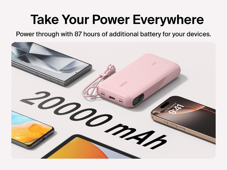 Belkin BoostCharge Power Bank 20K with Display shown delivering up to 87 hours of extra battery life with a 20,000mAh capacity, compact design, and detachable USB-C cable for portable power on the go.