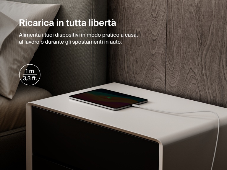 Belkin BoostCharge Pro USB-C to USB-C Braided Cable 240W shown charging a tablet on a nightstand, emphasizing its 1-meter (3.3 ft) length for convenient charging anywhere.