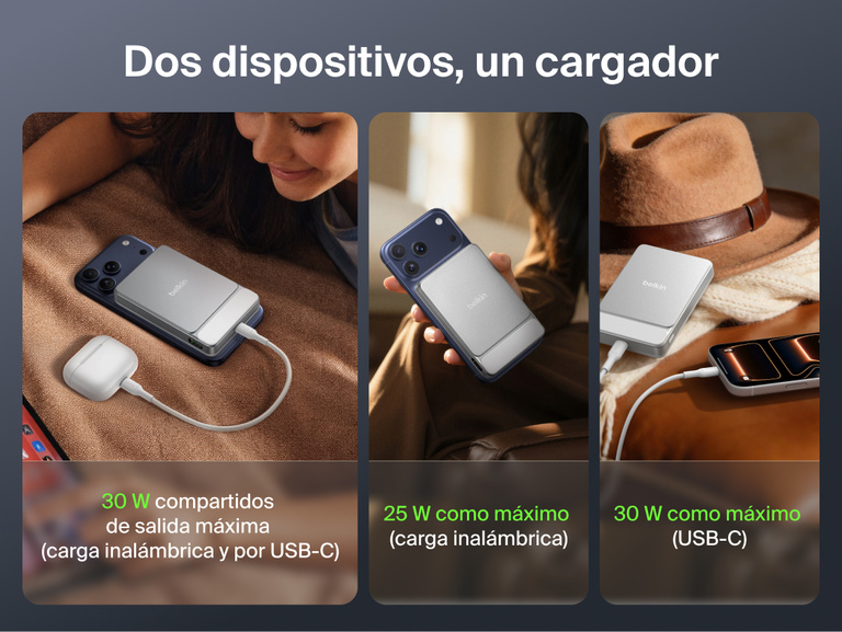 Belkin UltraCharge Slim Magnetic Power Bank 10K shown powering devices across everyday carry, work, travel, and business use scenarios with magnetic wireless charging and portable design