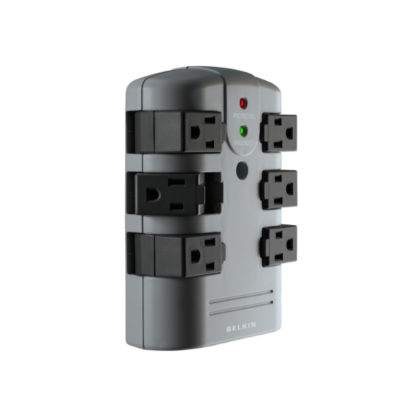 A Belkin wall-mount surge protector with rotating outlets, featuring six side-mounted outlets and two indicator lights for protection and grounding status.