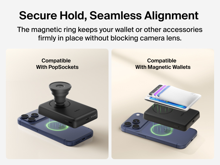 Belkin BoostCharge Slim Magnetic Power Bank 10K securely aligned to iPhone with magnetic ring, compatible with PopSockets and magnetic wallets without blocking camera