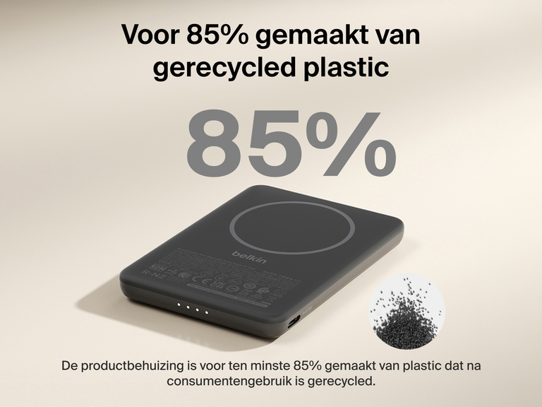 Belkin BoostCharge Slim Magnetic Power Bank 5K shown with text highlighting that its housing is made from 85% post-consumer recycled plastic for sustainable design.