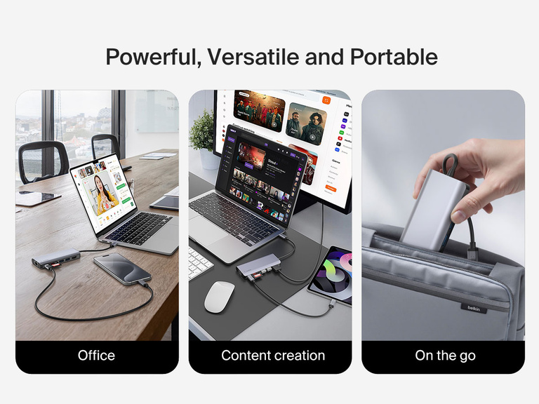 Image displaying the Belkin Connect USB-C 6-in-1 Multiport Hub in various use cases—office work, content creation, and portable on-the-go use—highlighting its power, versatility, and compact design.