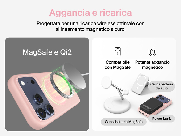 Custodia Belkin SheerForce Protect Series per iPhone 17 con bordi rialzati per la protezione dello schermo e della fotocamera, e design appositamente pensato per garantire una ricarica wireless magnetica ottimale.