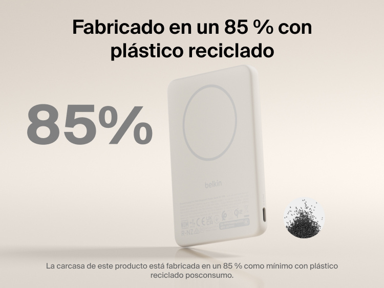 Belkin BoostCharge Slim Magnetic Power Bank 5K with Qi2 shown made with at least 85 percent post-consumer recycled plastic for a more sustainable portable charging solution.