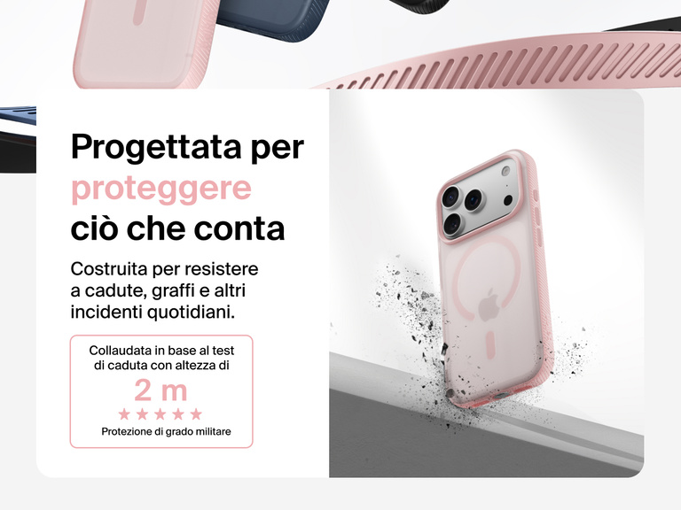 Belkin SheerForce Grip Series Case for iPhone 17 shown with textured grip and impact protection against drops.