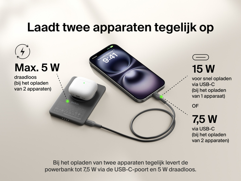 Belkin BoostCharge Slim Magnetic Power Bank 5K shown charging a smartphone and wireless earbuds simultaneously, demonstrating dual charging with 7.5W USB-C and 5W wireless shared power output.