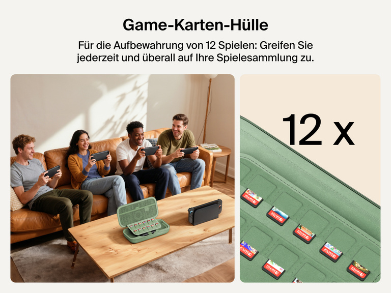 Four friends play on Nintendo Switch 2 consoles while the Belkin Gaming Charging Case sits open on the table, highlighting its built-in sleeve that securely stores up to 12 game cards.