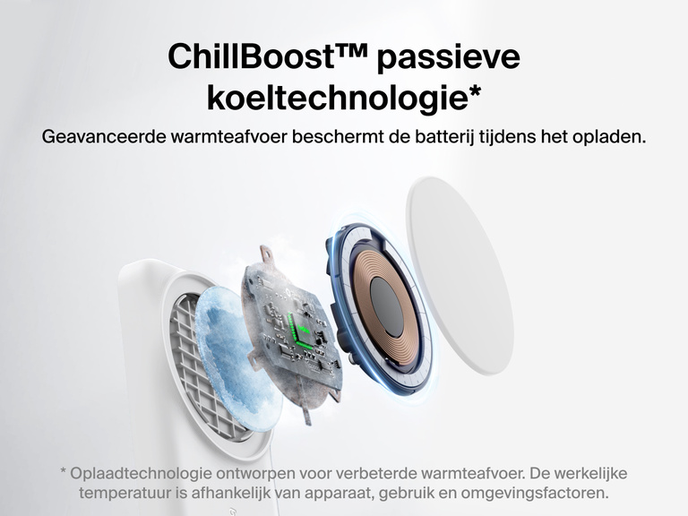 De Belkin UltraCharge 3-in-1 uitklapbare magnetische lader met Qi2 25W werkt met de passieve koeltechnologie ChillBoost™ om warmte beter af te voeren en de batterij te beschermen.