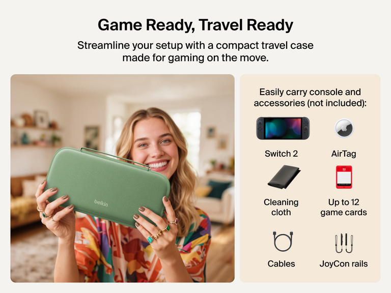 Smiling woman holds the Belkin Gaming Charging Case for Nintendo Switch 2, a compact travel case designed to carry your console and accessories like game cards, cables, JoyCon rails, and AirTag (not included).