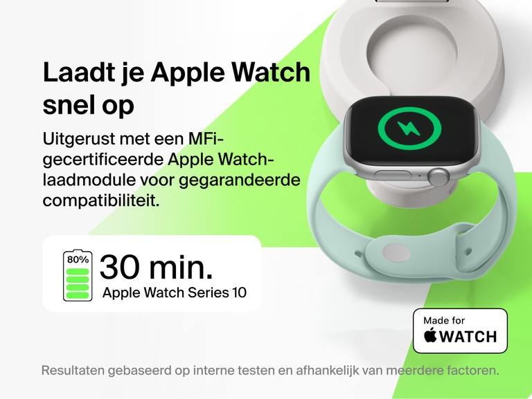De Belkin UltraCharge Pro 2-in-1 verstelbare magnetische lader met Qi2 25W laadt een Apple Watch snel op tot 80% in ongeveer 30 minuten met een MFi-gecertificeerde laadmodule.