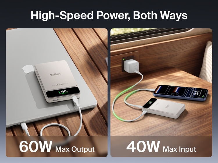 Belkin UltraCharge Pro Power Bank 10K with BoostSolid Cell delivers up to 60W output for charging a laptop and supports up to 40W input for fast recharging.