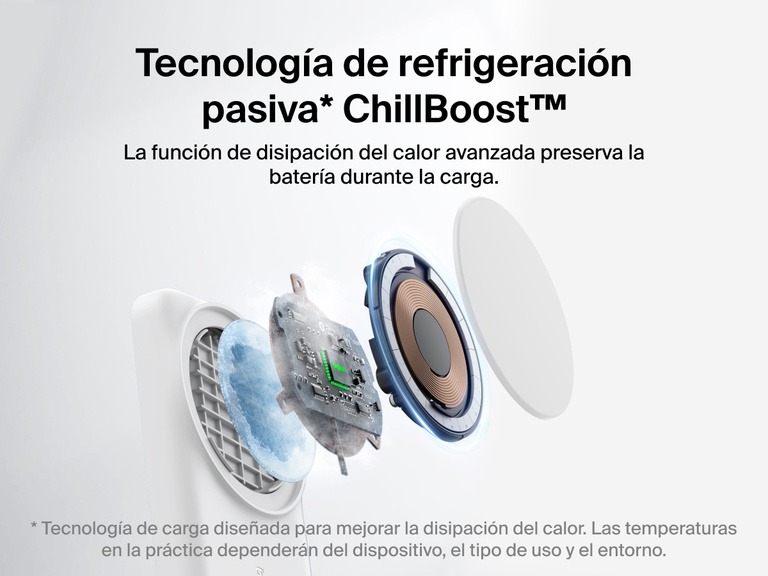 El cargador magnético plegable 3 en 1 con Qi2 25W Belkin UltraCharge incluye tecnología de refrigeración pasiva ChillBoost™ que ofrece una disipación del calor avanzada para preservar la batería del dispositivo conectado.