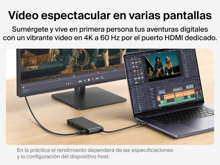 Se muestra un hub USB-C de 8 puertos con 2.5Gb Ethernet de Belkin conectando un portátil a un monitor HDMI externo por HDMI y habilitando vídeo en 4K a 60 Hz para proporcionar una experiencia visual más vibrante e inmersiva.