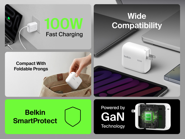BoostCharge USB-C GaN Wall Charger 100W feature collage highlighting 100W fast charging, wide device compatibility, foldable prongs, Belkin SmartProtect, and GaN technology for compact high-performance charging