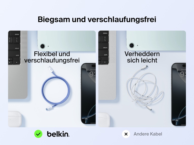 Ein Belkin BoostCharge USB C auf USB C Kabel (60 W) wird zum Vergleich neben einem Standardkabel gezeigt. Es verheddert sich nicht so leicht und ist weich und flexibel.