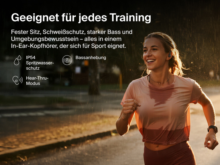 Belkin SoundForm ActiveFit Wireless Earbuds with secure fit, IP54 water resistance, bass boost, and Hear-Thru mode, shown on a runner in the rain.