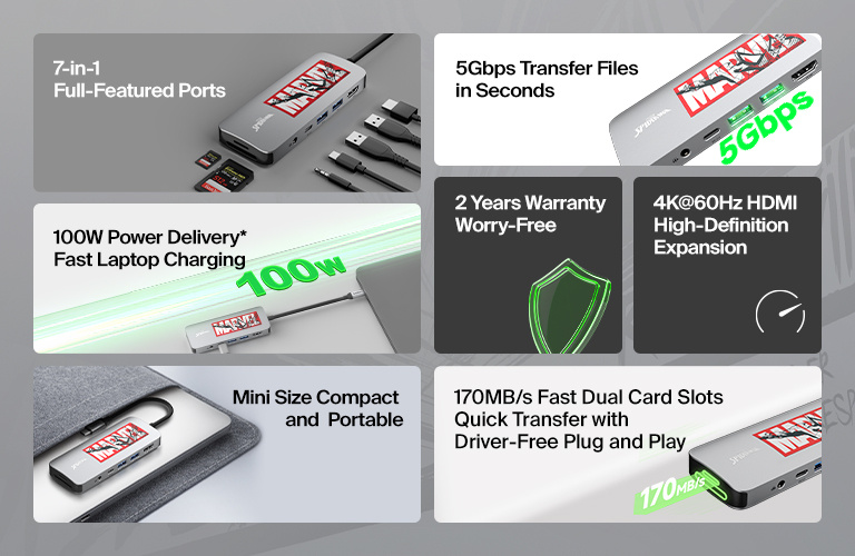 Image displaying the Belkin Connect USB-C 7-in-1 Multiport Hub highlighting features such as 7 ports, 100W pass-through charging, 4K@60Hz video output, 5Gbps data transfer speed, 2 USB-A ports, and a slim, portable design.