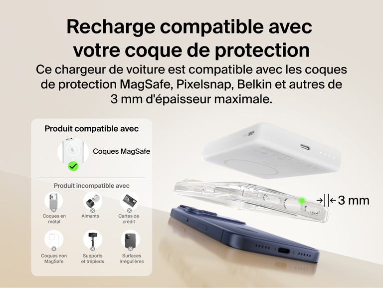 Belkin BoostCharge Slim Magnetic Power Bank 10K charging through a MagSafe-compatible phone case up to 3mm thick with clear compatibility and non-compatible case examples