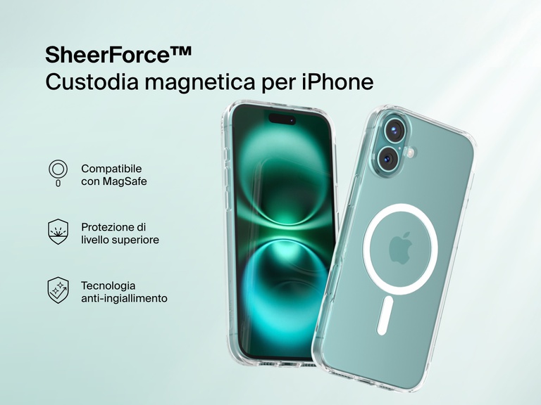 A promotional image of the SheerForce™ Magnetic iPhone Case, featuring a clear, MagSafe-compatible design. The case offers anti-yellowing technology and superior protection while maintaining the sleek look of the iPhone. The image highlights key features with icons, including MagSafe compatibility, durability, and long-lasting clarity.