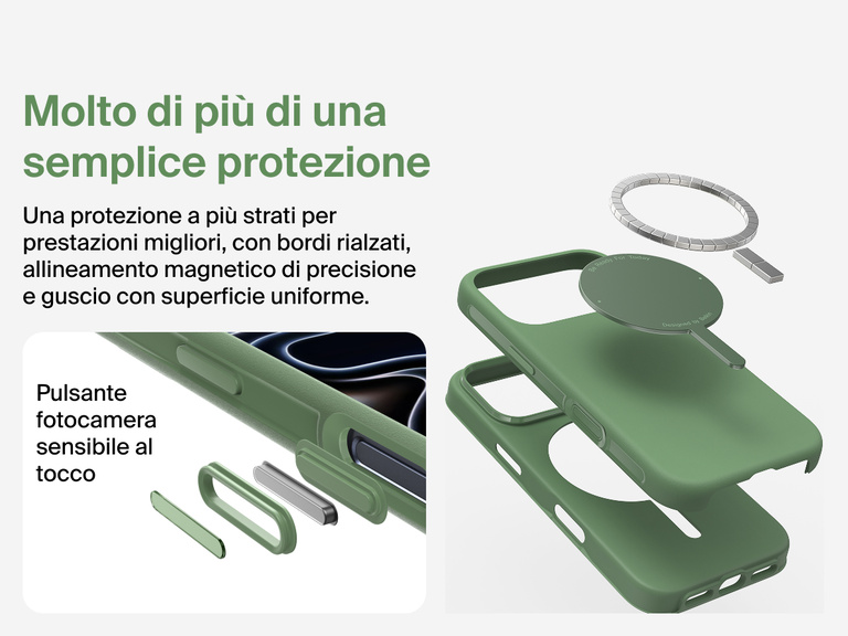 Immagine della custodia Belkin SheerForce Protect Series per iPhone 17 che evidenzia la compatibilit&agrave; con MagSafe e Qi2 per un aggancio magnetico potente a caricabatterie e altri accessori.