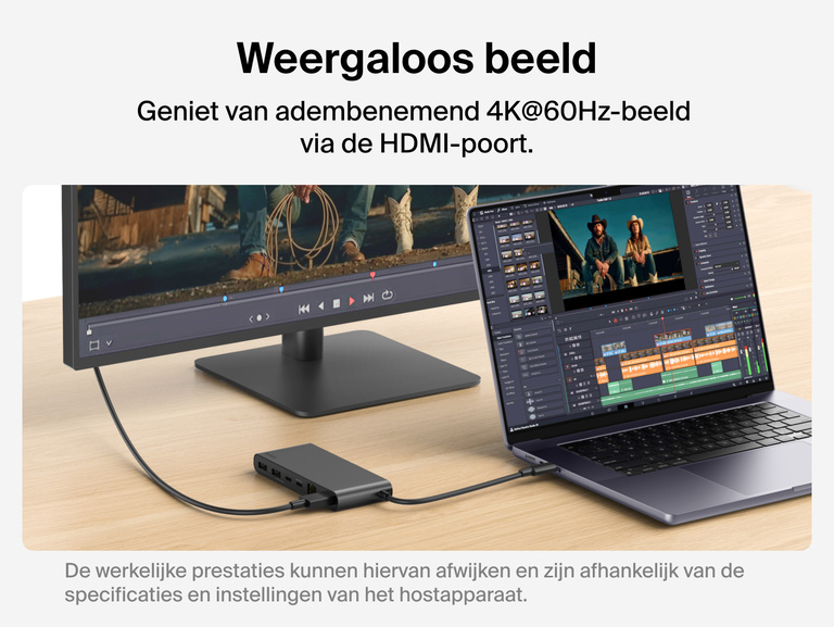 Belkin Connect 8-poorts USB-C-hub met 2,5 Gb Ethernet-poort die een laptop verbindt met een externe HDMI-monitor met een resolutie van 4K bij 60 Hz voor geavanceerde beeldweergave in hoge kwaliteit.