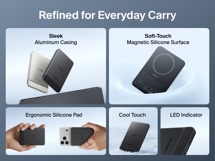 Belkin UltraCharge Pro Slim Magnetic Power Bank 5K with BoostSolid Cell highlighting aluminum casing, ergonomic silicone pad, LED indicator, cool-touch design and soft-touch magnetic surface.