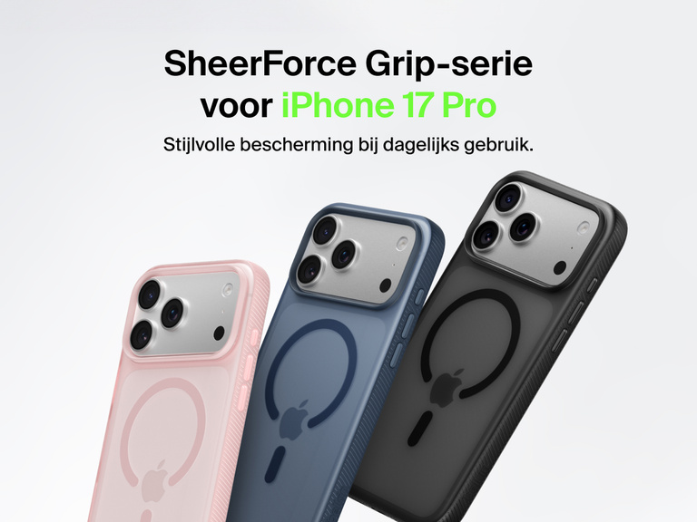 Belkin SheerForce Grip Series protective case for iPhone 17 shown in pink, clear, and black with slim design and MagSafe compatibility.